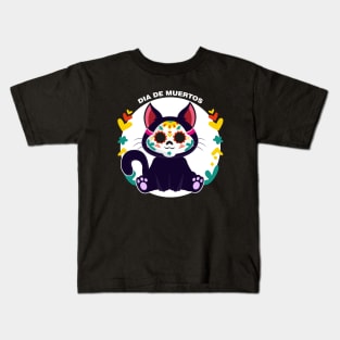 Cute Black Kitty Dia de Muertos, Day of the Dead Kids T-Shirt